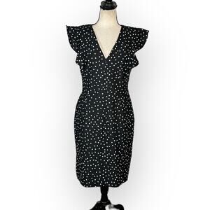 DKNY Sheath Dress Women's 8 Black White Polka Dot Ruffle Sleeve V-Neck